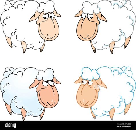 The Illustration Shows A Few Funny Cartoon Sheep Isolated On A White