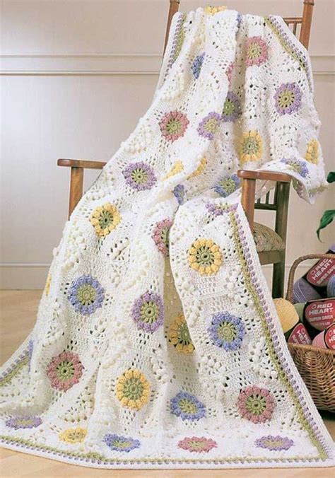 Crochet Floral Bouquet Afghan In Red Heart Super Saver Economy Solids