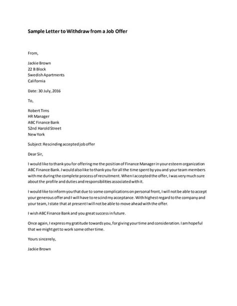 Job Offer Withdrawal Letter Template Pdf