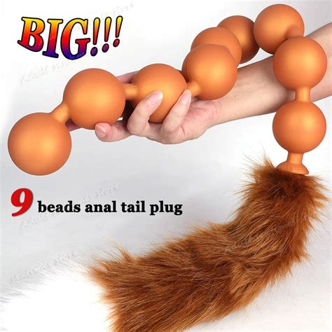 9beads Super Long Anal Tail Cosplay Silicone Soft Anal Ball Dilator For Woman Fox Tail Anal Plug