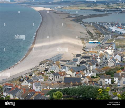 Aerial View Of Chesil Beach And Portland Harbour Weymouth Dorset Uk
