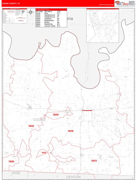 Cooke County Tx Zip Code Wall Map Red Line Style By Marketmaps