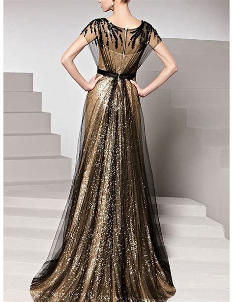 Dressvip Gold Sequined Applique Prom Dress For Women With Black Tulle