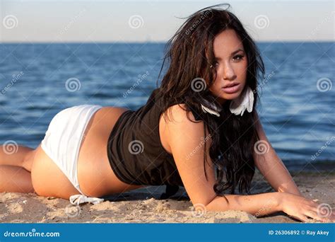 Dark Haired Girl On Beach In Top And Bikini Stock Photo Image Of