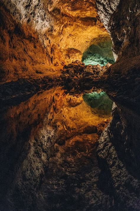 Hd Wallpaper Cave Water Reflection Stone Inside Volcanic Cueva