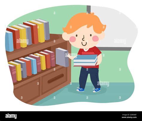 Illustration Of A Kid Boy Putting Books Back On Shelves As Library