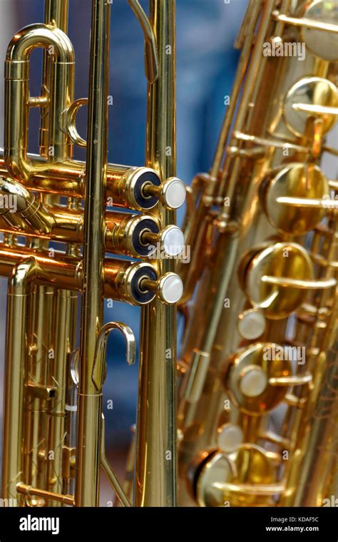 Closeup Of A Brass Trumpet And Saxophone Stock Photo Alamy