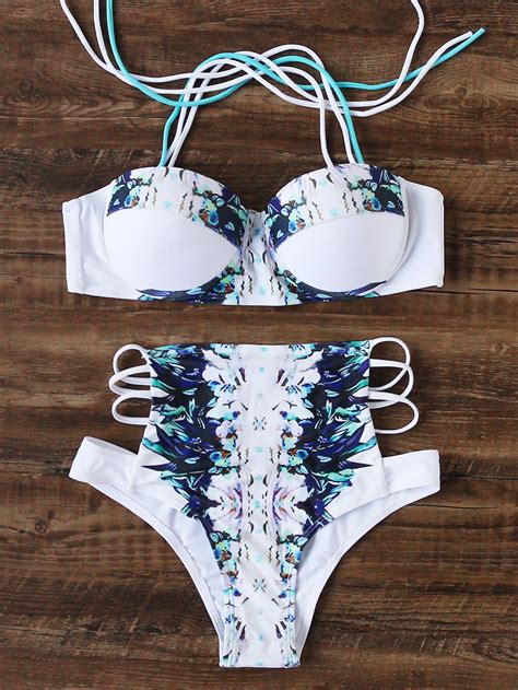 Shop White Flower Print Ladder Cutout High Waist Bikini Set Online