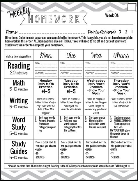 Monthly Homework For Pre K Students Calendar Template Printable