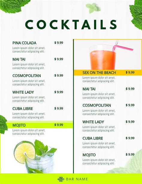 Green Printable Drink Cocktail Menu Template Cocktail Menu Menu Template Classic Cocktails