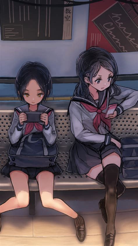 2160x3840 Anime Schoool Girls On Phones Waiting For Bus 4k Sony Xperia Xxzz5 Premium Hd 4k