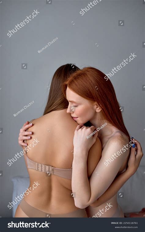 Two Half Naked Caucasian Women Lesbians Hugging Stock Photo