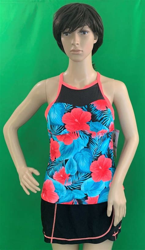 Zeroxposur Menon Coralgreenblack Floral Tankini Top And Skirt Swimsuit
