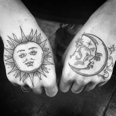 Right Hand Top Sun Face Left Hand Moon Face Tattoo Circle Tattoos Sun