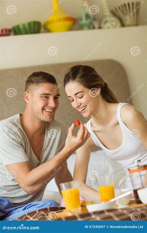 Cute Couple Having Breakfast In Bed Stock Image Image Of Bedroom