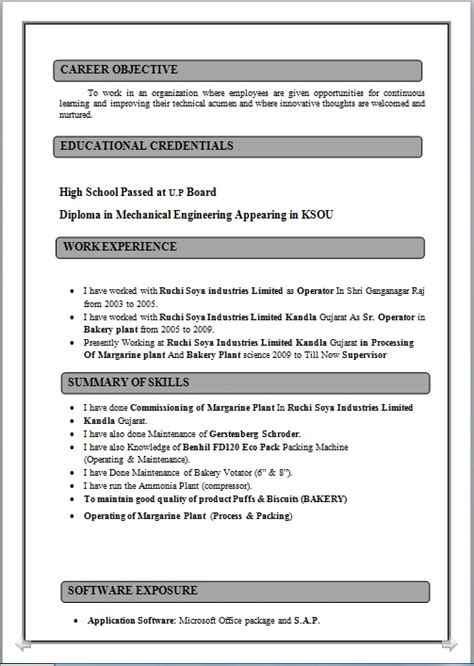 When writing a resume or cv for a chemical engineering job, it is important to give attention to your objective statement. RESUME BLOG CO: Resume Sample of Diploma in Mechanical ...