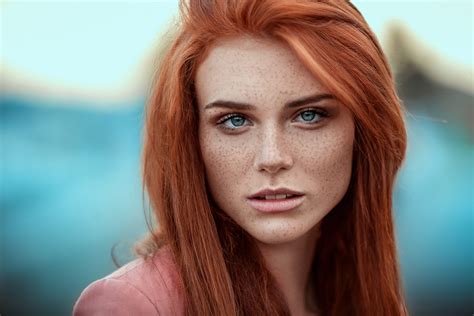 Wallpaper Face Women Redhead Model Depth Of Field Long Hair Blue Eyes Looking At Viewer