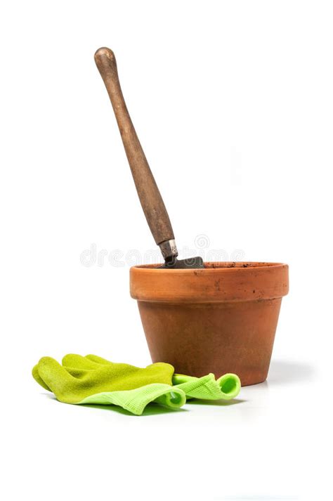 Clay Plant Pot With Shovel And Gardening Gloves Stock