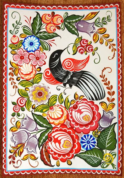 Folk Gorodets Painting From Russia A Floral Pattern With A Cuckoo