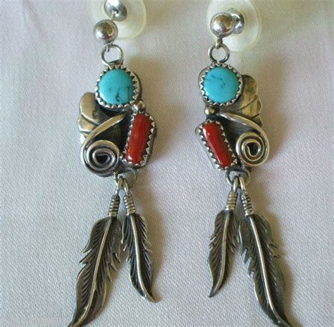 Vintage NAVAJO Sterling Silver Turquoise Coral Dangle Earrings