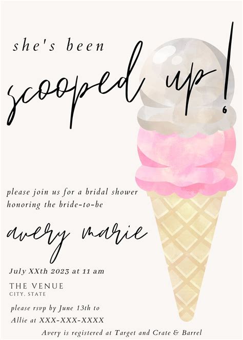 Shes Been Scooped Up Theme Ice Cream Scoops Theme Canva Bridal Shower Invitation Template Ice