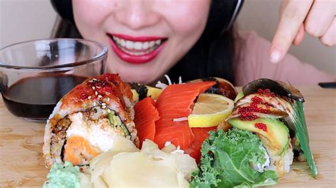 Asmr Sushi Salmon Sashimi Nigiri Rolls Mukbang No Talking