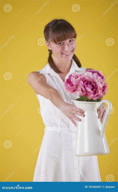 Woman Holding Vase With Flowers Stock Image Image Of Flowers Face
