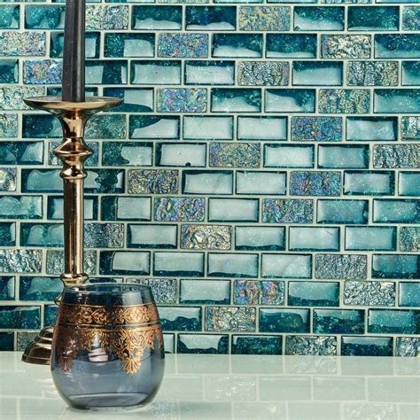 Laguna Iridescent Aquamarine 1x2 Brick Polished Glass Mosaic Mosaic