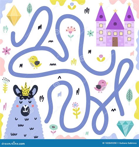 Maze Game For Kids With Funny Llama King Stock Vector Illustration Of