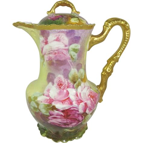 Antique French Limoges Chocolate Pot With Hand Painted Pink Roses