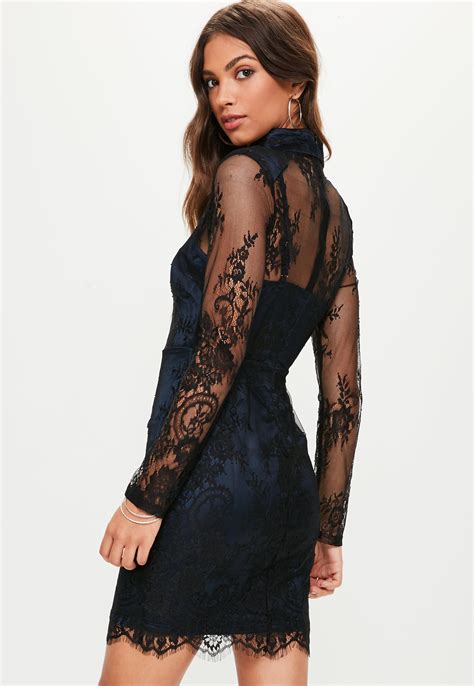 Lyst Missguided Black Lace High Neck Padded Bodycon Dress In Black