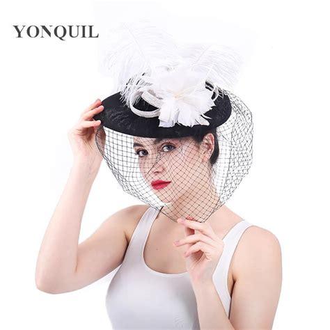 fashion wedding hats and fascinators for bride 30cm feather floral veil bowler hat women banquet