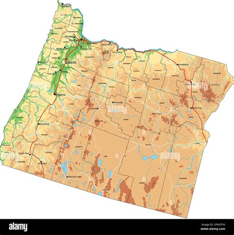 Highly Detailed Oregon Physical Map With Labeling Stock Vector Image