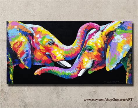 Colorful Couple Elephant Painting Acrylic On Canvas Peinture D