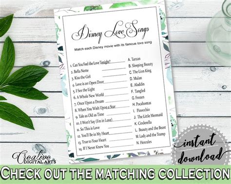 Succulent Bridal Shower Disney Love Songs Game Green Pink Etsy