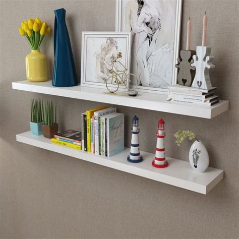 2 White Floating Wall Display Shelves 120cm Wall Storage