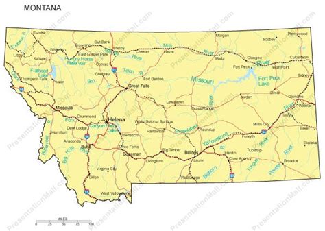 Montana Powerpoint Map Major Cities Roads Railroads Waterways