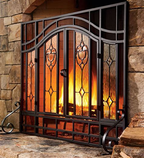 Large Two Door Fireplace Screen With Glass Floral Panels Collection Accessories Collections