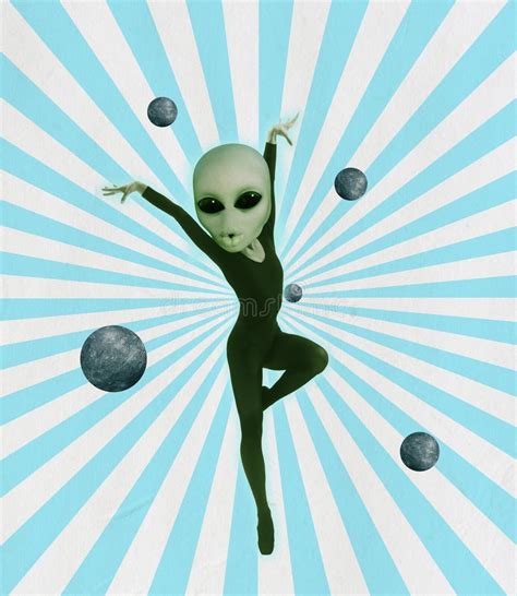 Young Ballerina With Alien Head Dancing Isolated On Blue White Striped
