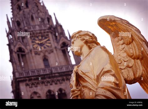 Holy Mary And Angels Statue And Cathedral In Zagreb Croatia Stock Photo