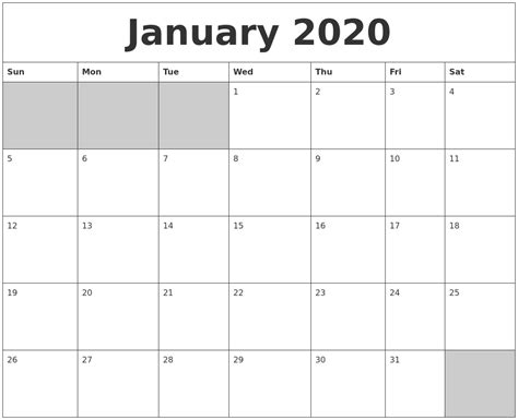 January 2020 Blank Printable Calendar