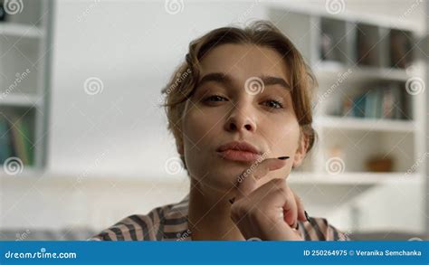 Pensive Millennial Girl Looking Webcam Closeup Thinking Woman Watching Webinar Stock Image