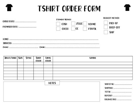 Editablefillable Pdf Tshirt Order Form Letter Size Forms Etsy