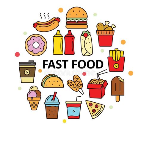Fast Food Vectors In Circle Lineal Color Style For Set Of Fast Food