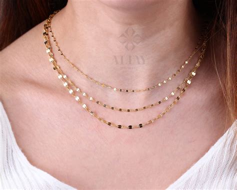 14k Solid Gold Sequin Necklace Dainty Chain Choker Dainty Lace Thin