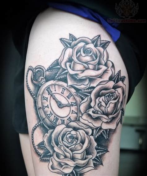 Grey Ink Camera And Roses Thigh Tattoos Tattoo Ideas