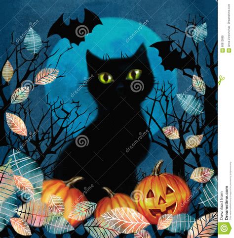 Spooky Background With Autumn Tree Black Cat Bats And