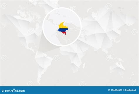 Mapa De Colômbia a Bandeira No Contorno No Mapa Do Mundo Poligonal