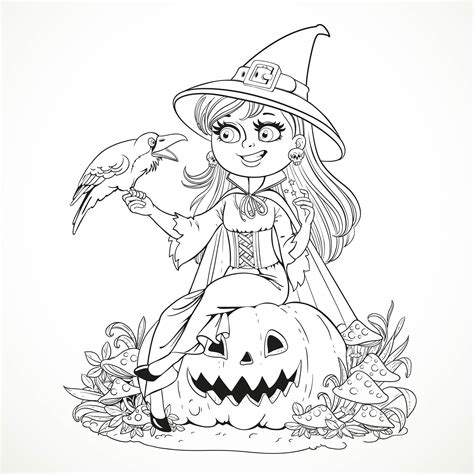 Halloween Smiling Witch And Crow Halloween Adult Coloring Pages