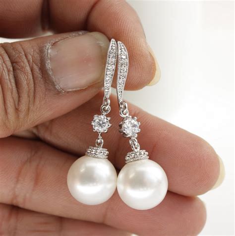 bridal pearl drop earrings wedding jewelry cubic zirconia dangle bridal earrings round swarovski